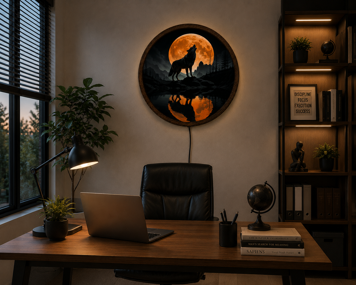 Howling Wolf LED Wall Art, Full Moon Wolf Wall Decor, Mountain Forest Lighted Art, Wildlife Wall Decor, Wolf Lover Gift