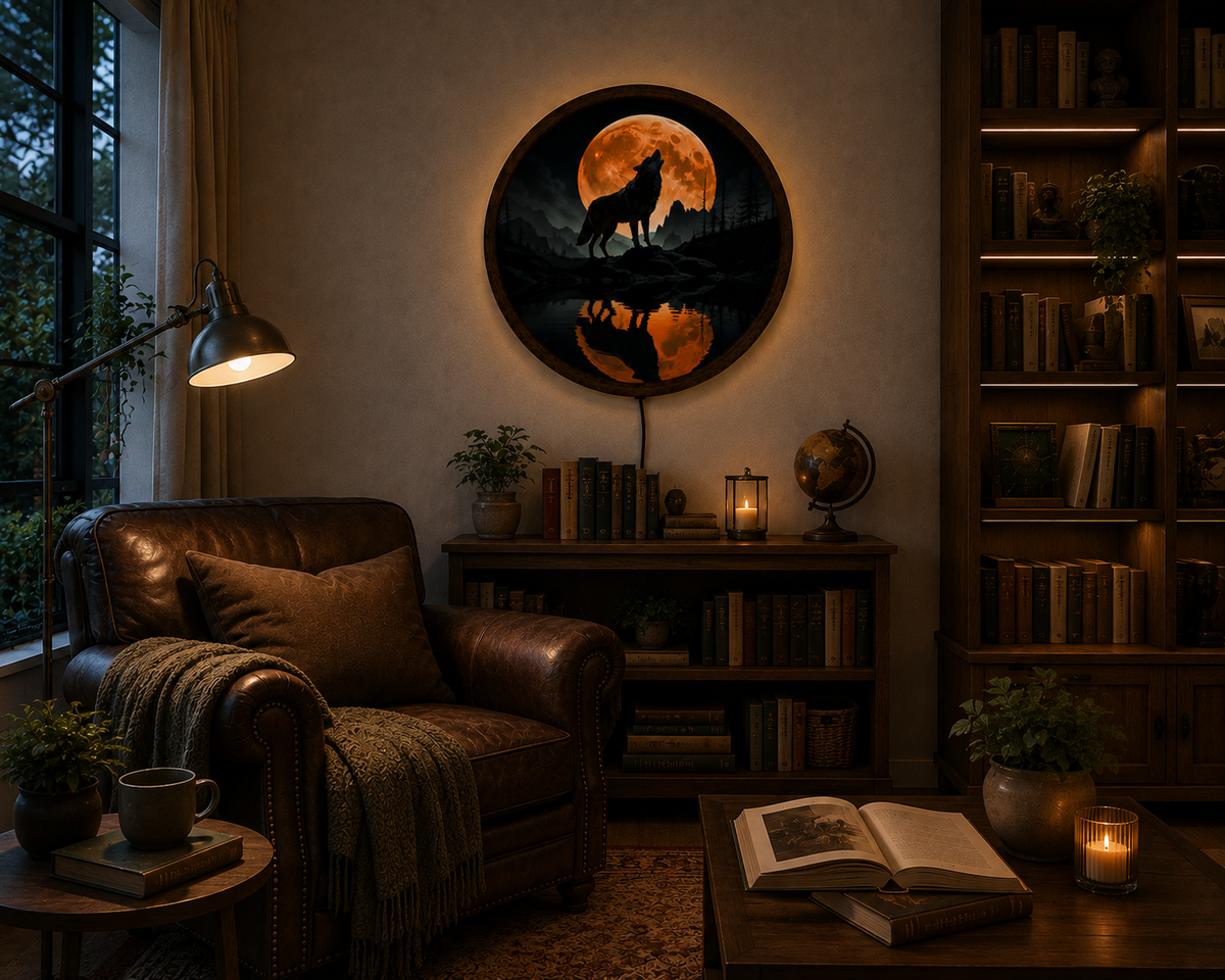 Howling Wolf LED Wall Art, Full Moon Wolf Wall Decor, Mountain Forest Lighted Art, Wildlife Wall Decor, Wolf Lover Gift