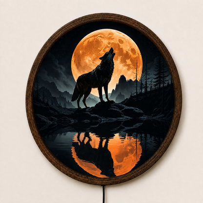 Howling Wolf LED Wall Art, Full Moon Wolf Wall Decor, Mountain Forest Lighted Art, Wildlife Wall Decor, Wolf Lover Gift