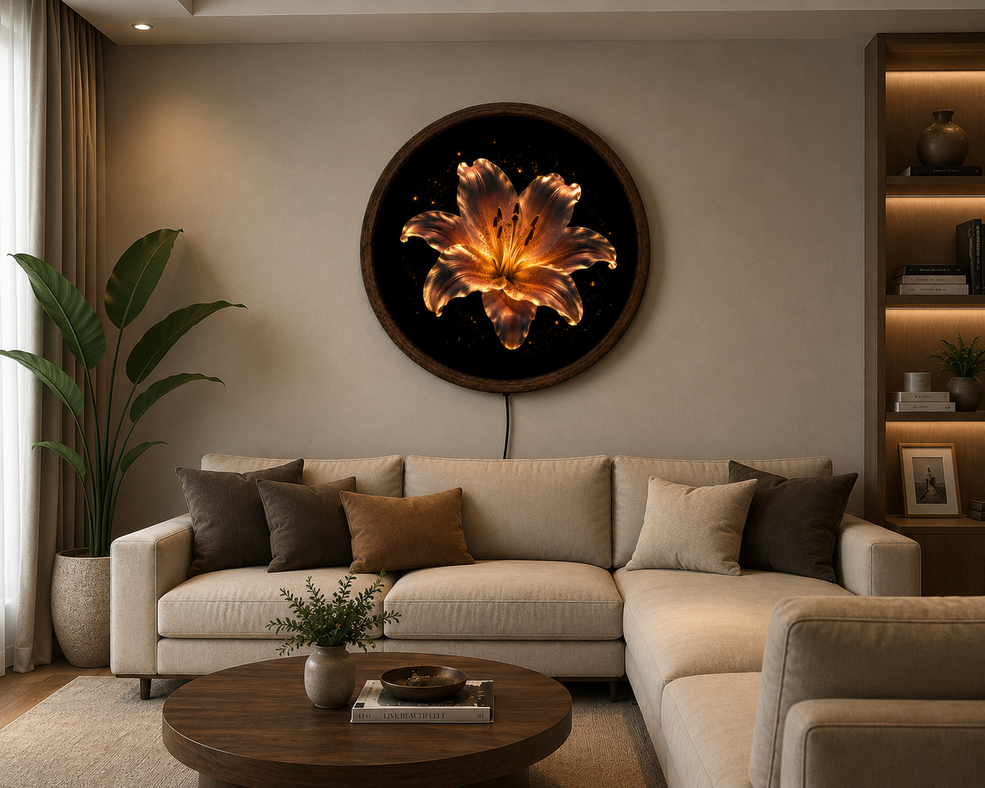 Golden Lily LED Wall Art, Glowing Flower Lighted Wall Decor, Floral Round Wall Art, Elegant Botanical Decor, Flower Lover Gift