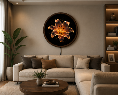 Golden Lily LED Wall Art, Glowing Flower Lighted Wall Decor, Floral Round Wall Art, Elegant Botanical Decor, Flower Lover Gift