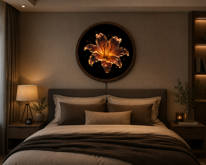 Golden Lily LED Wall Art, Glowing Flower Lighted Wall Decor, Floral Round Wall Art, Elegant Botanical Decor, Flower Lover Gift