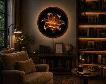 Golden Lily LED Wall Art, Glowing Flower Lighted Wall Decor, Floral Round Wall Art, Elegant Botanical Decor, Flower Lover Gift