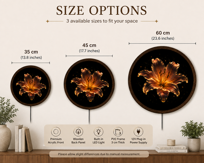 Golden Lily LED Wall Art, Glowing Flower Lighted Wall Decor, Floral Round Wall Art, Elegant Botanical Decor, Flower Lover Gift