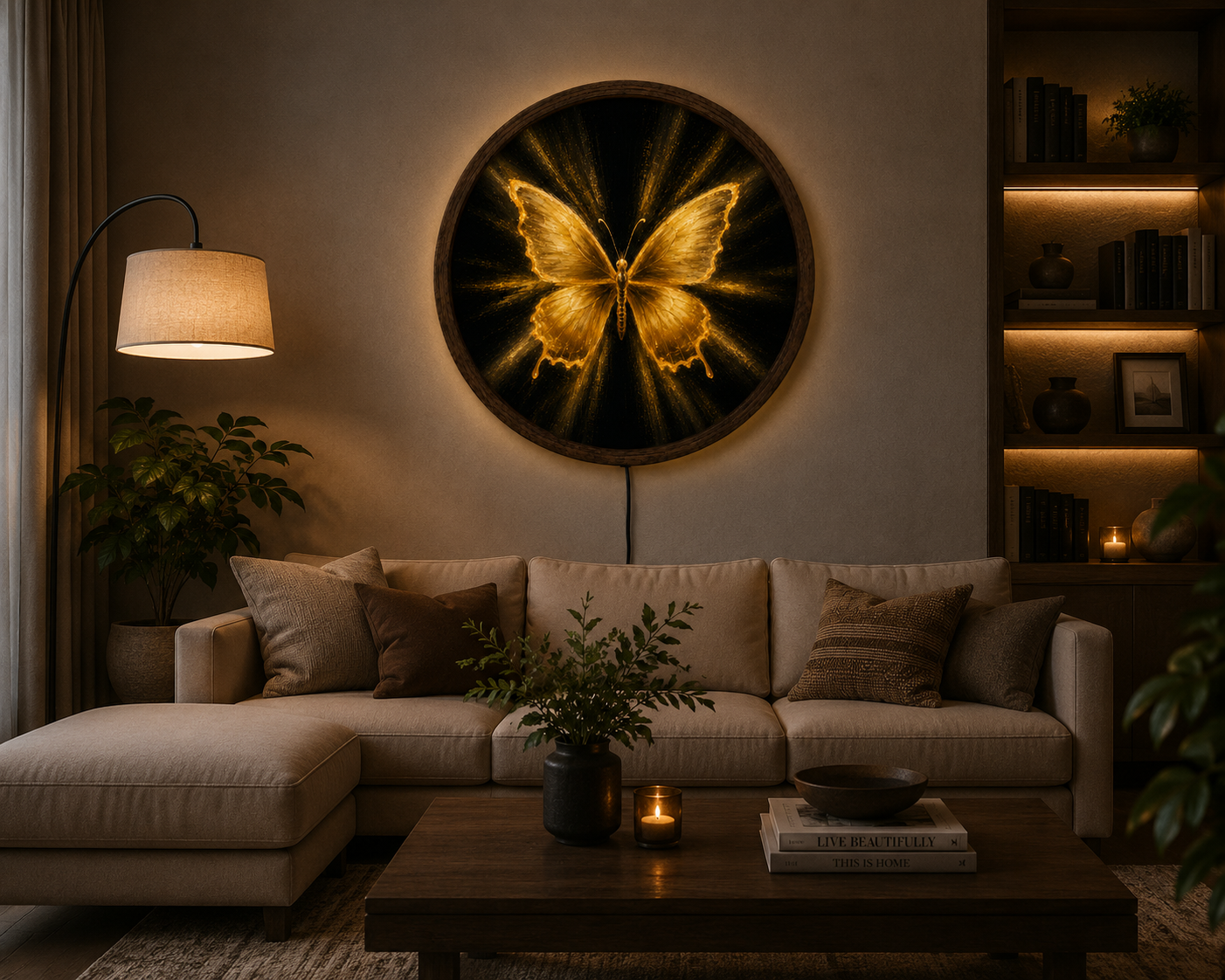 Golden Butterfly LED Wall Art, Glowing Butterfly Lighted Wall Decor, Round Butterfly Art, Elegant Nature Decor, Butterfly Lover Gift