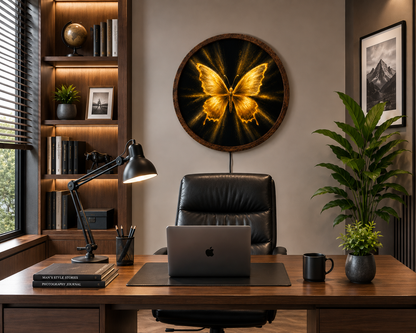 Golden Butterfly LED Wall Art, Glowing Butterfly Lighted Wall Decor, Round Butterfly Art, Elegant Nature Decor, Butterfly Lover Gift