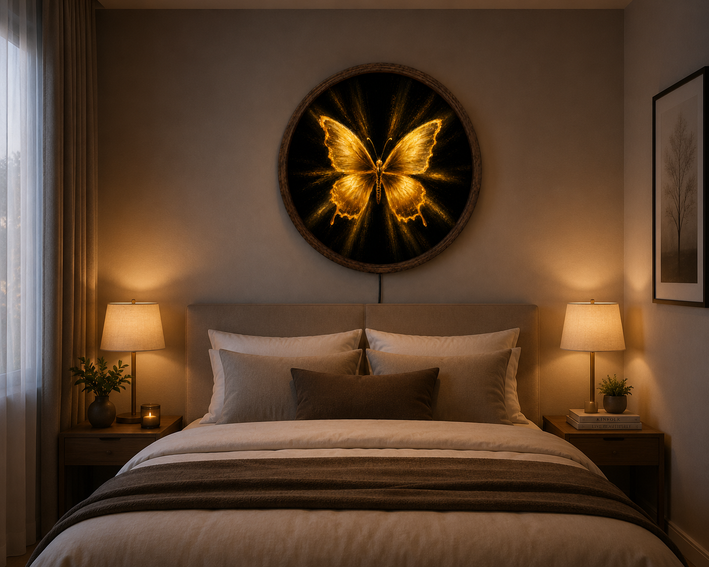 Golden Butterfly LED Wall Art, Glowing Butterfly Lighted Wall Decor, Round Butterfly Art, Elegant Nature Decor, Butterfly Lover Gift
