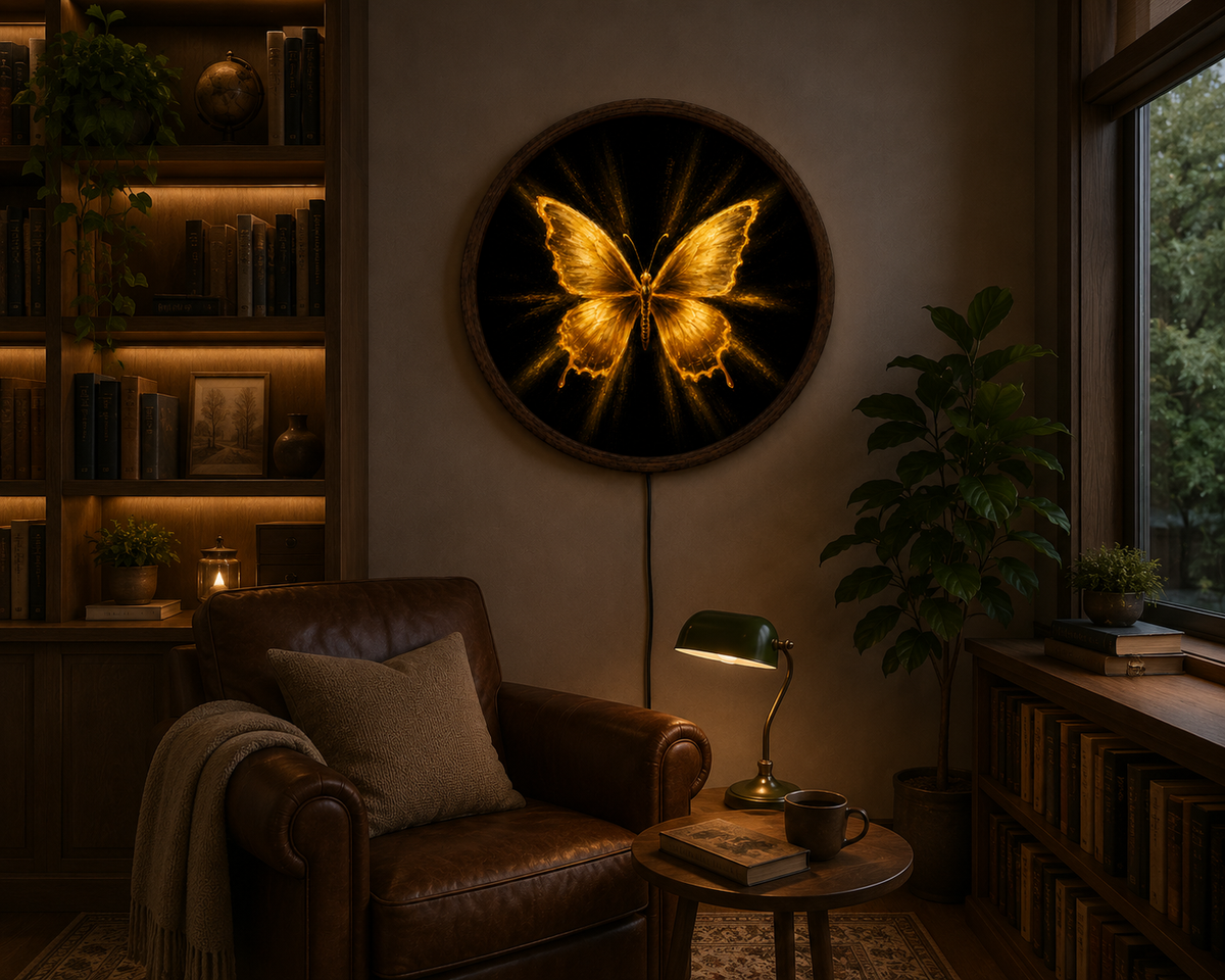 Golden Butterfly LED Wall Art, Glowing Butterfly Lighted Wall Decor, Round Butterfly Art, Elegant Nature Decor, Butterfly Lover Gift