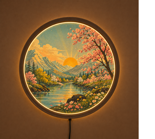 Retro Spring Landscape LED Wall Art, Round Nature Light Decor