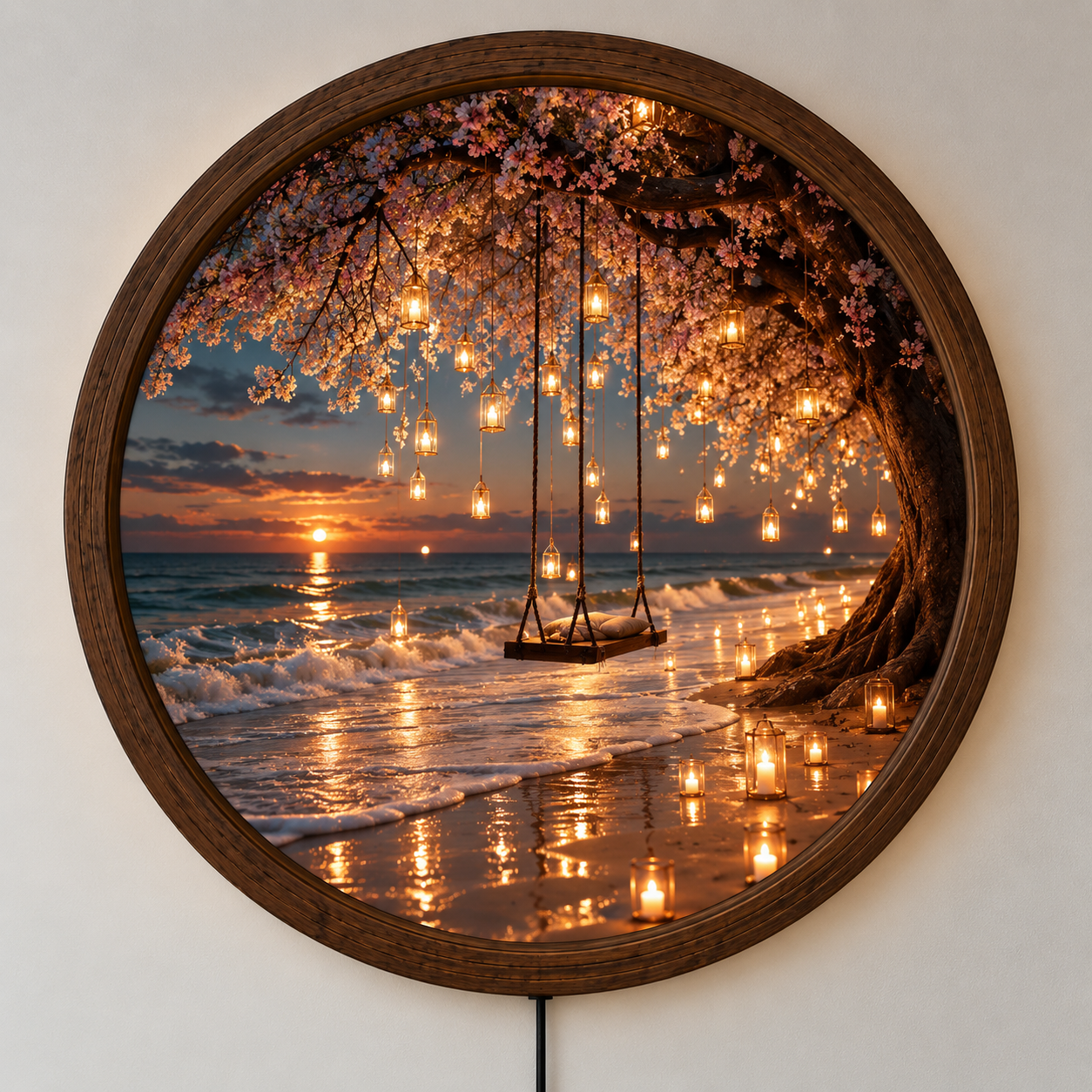 Romantic Beach Sunset LED Wall Art, Cherry Blossom Swing Lighted Decor, Ocean Wall Art, Coastal Home Decor, Romantic Gift