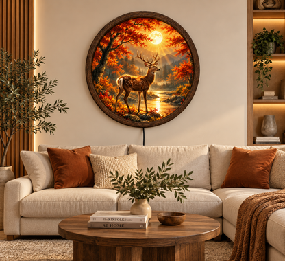 Deer LED Wall Art, Autumn Forest Full Moon Decor, Wildlife Lighted Wall Art, Rustic Cabin Decor, Deer Lover Gift