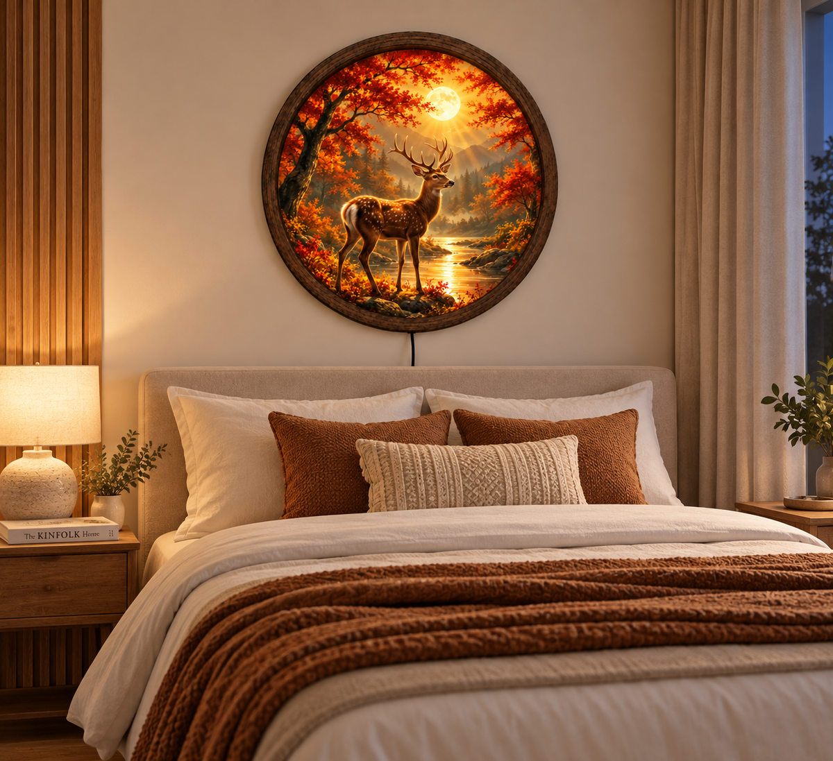 Deer LED Wall Art, Autumn Forest Full Moon Decor, Wildlife Lighted Wall Art, Rustic Cabin Decor, Deer Lover Gift