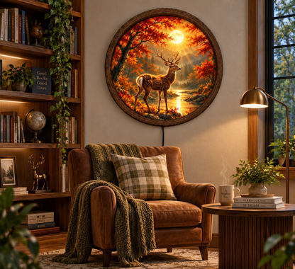 Deer LED Wall Art, Autumn Forest Full Moon Decor, Wildlife Lighted Wall Art, Rustic Cabin Decor, Deer Lover Gift