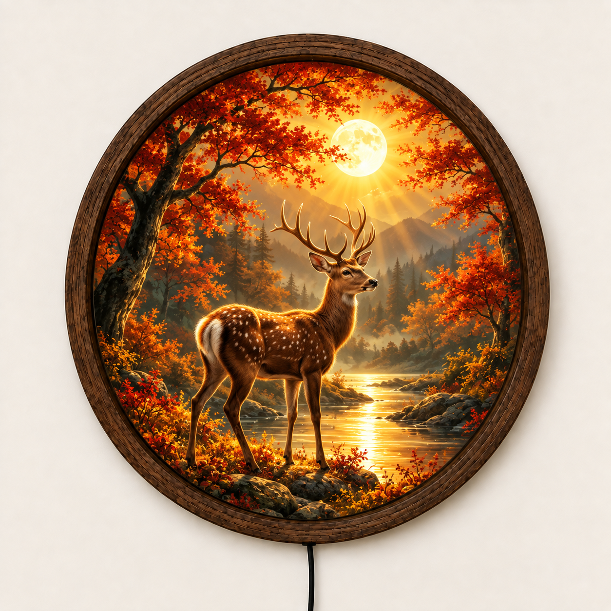 Deer LED Wall Art, Autumn Forest Full Moon Decor, Wildlife Lighted Wall Art, Rustic Cabin Decor, Deer Lover Gift