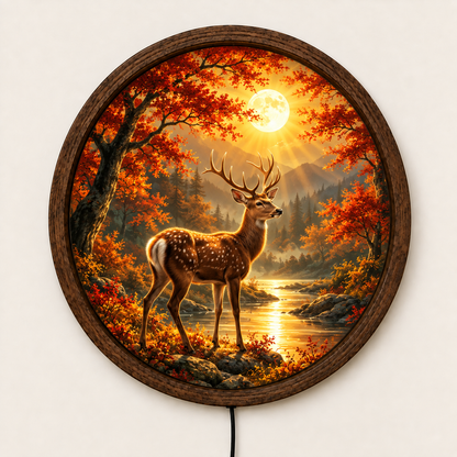 Deer LED Wall Art, Autumn Forest Full Moon Decor, Wildlife Lighted Wall Art, Rustic Cabin Decor, Deer Lover Gift