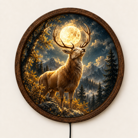 Deer LED Wall Art, Full Moon Wildlife Decor, Mountain Forest Lighted Wall Art, Rustic Cabin Decor, Deer Lover Gift