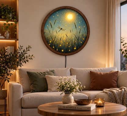 Dragonfly LED Wall Art, Firefly Meadow Lighted Decor, Moonlit Nature Wall Art, Rustic Cottage Decor, Dragonfly Lover Gift