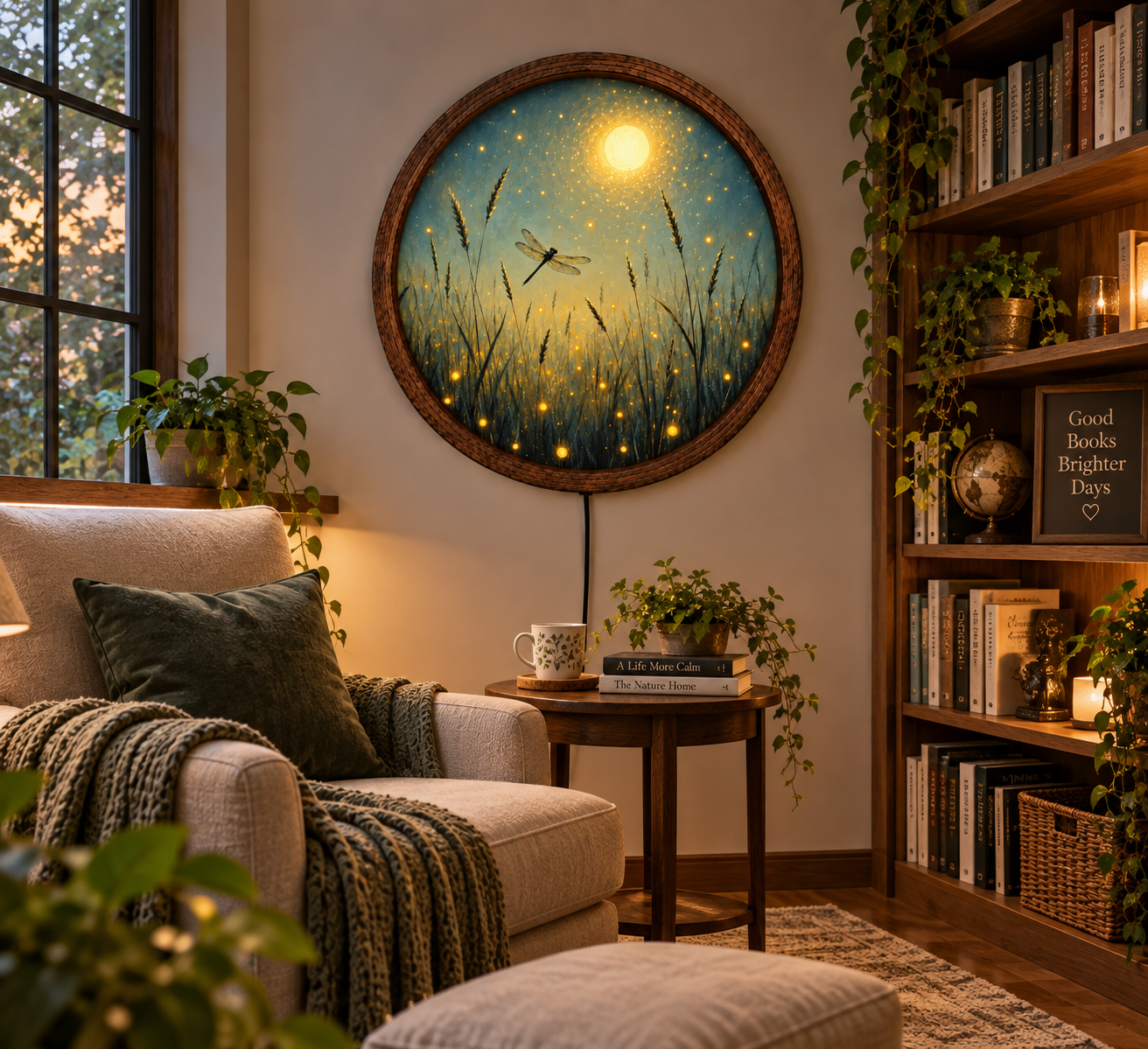 Dragonfly LED Wall Art, Firefly Meadow Lighted Decor, Moonlit Nature Wall Art, Rustic Cottage Decor, Dragonfly Lover Gift
