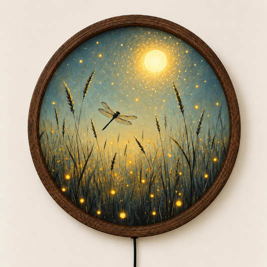 Dragonfly LED Wall Art, Firefly Meadow Lighted Decor, Moonlit Nature Wall Art, Rustic Cottage Decor, Dragonfly Lover Gift