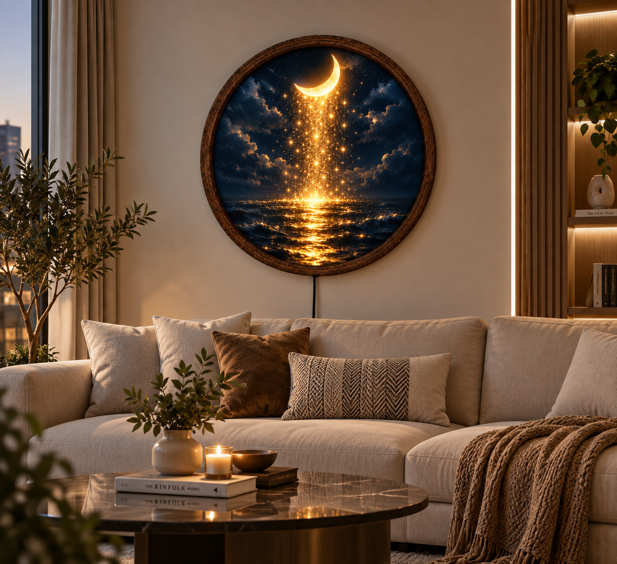 Crescent Moon Ocean LED Wall Art, Golden Starry Night Decor, Celestial Lighted Wall Art, Mystical Moon Lover Gift