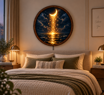 Crescent Moon Ocean LED Wall Art, Golden Starry Night Decor, Celestial Lighted Wall Art, Mystical Moon Lover Gift