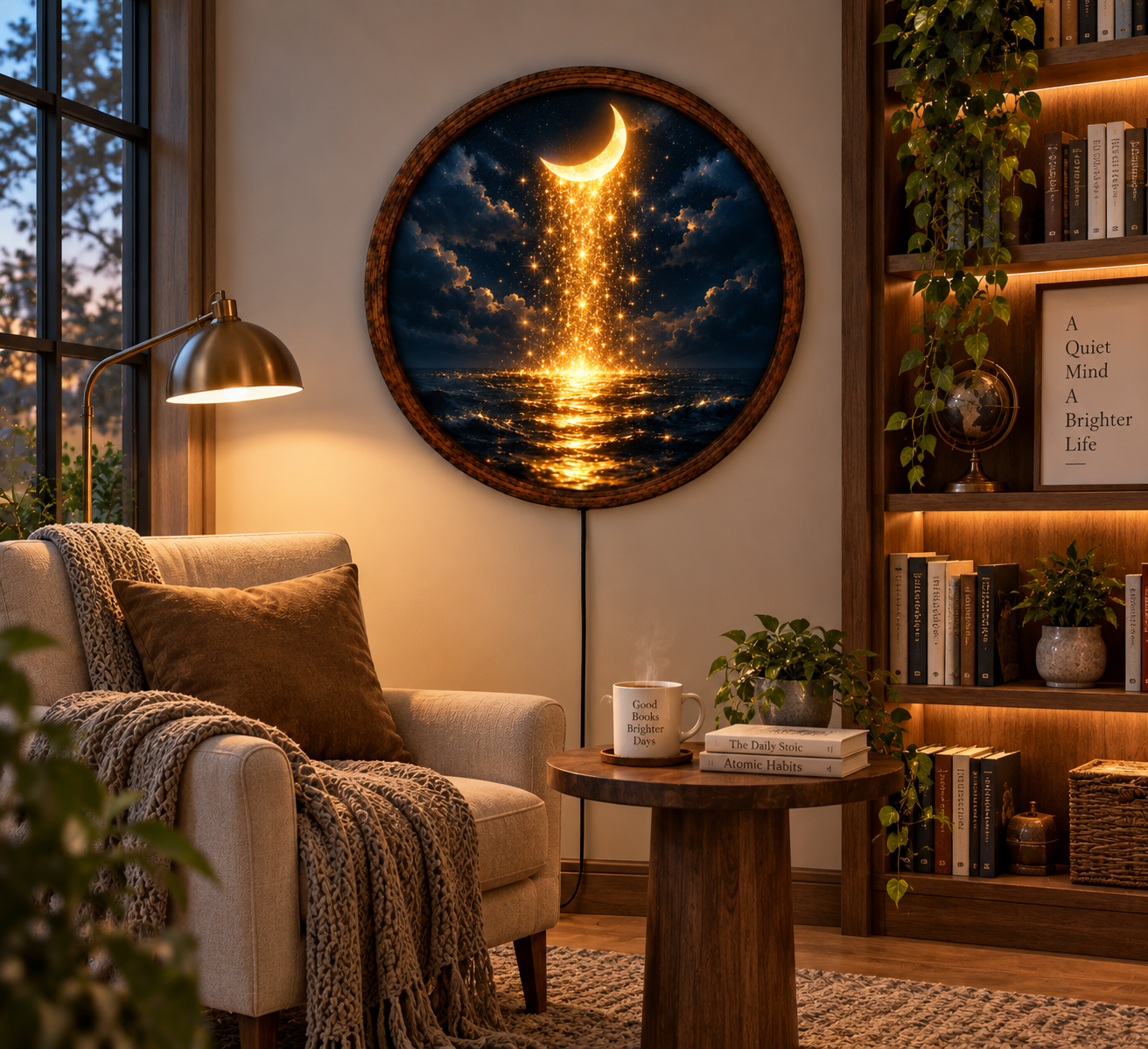 Crescent Moon Ocean LED Wall Art, Golden Starry Night Decor, Celestial Lighted Wall Art, Mystical Moon Lover Gift