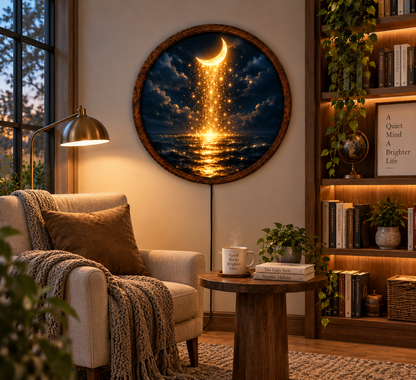 Crescent Moon Ocean LED Wall Art, Golden Starry Night Decor, Celestial Lighted Wall Art, Mystical Moon Lover Gift
