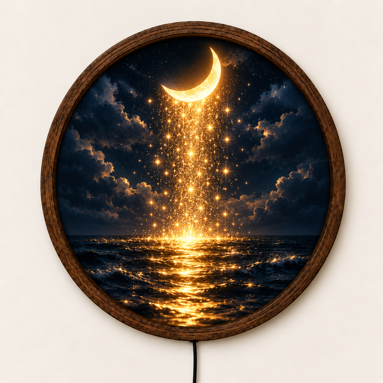 Crescent Moon Ocean LED Wall Art, Golden Starry Night Decor, Celestial Lighted Wall Art, Mystical Moon Lover Gift
