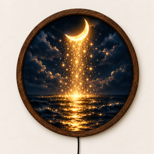 Crescent Moon Ocean LED Wall Art, Golden Starry Night Decor, Celestial Lighted Wall Art, Mystical Moon Lover Gift