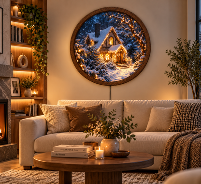 Christmas Cottage LED Wall Art, Snowy Winter Cabin Lighted Decor, Cozy Holiday Wall Art, Rustic Christmas Decor, Winter Lover Gift