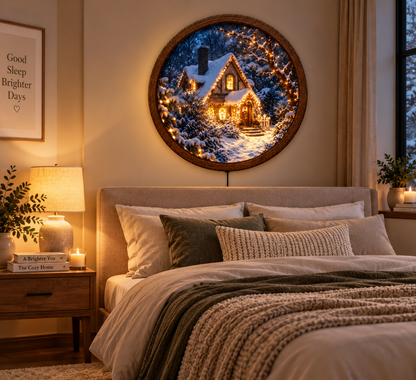 Christmas Cottage LED Wall Art, Snowy Winter Cabin Lighted Decor, Cozy Holiday Wall Art, Rustic Christmas Decor, Winter Lover Gift