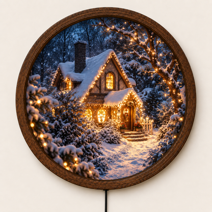 Christmas Cottage LED Wall Art, Snowy Winter Cabin Lighted Decor, Cozy Holiday Wall Art, Rustic Christmas Decor, Winter Lover Gift