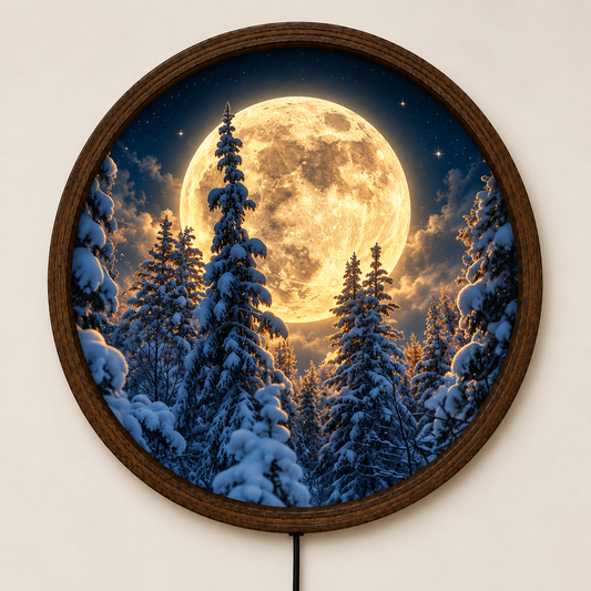 Full Moon LED Wall Art, Snowy Forest Winter Decor, Moonlight Pine Tree Art, Celestial Lighted Wall Decor, Winter Lover Gift
