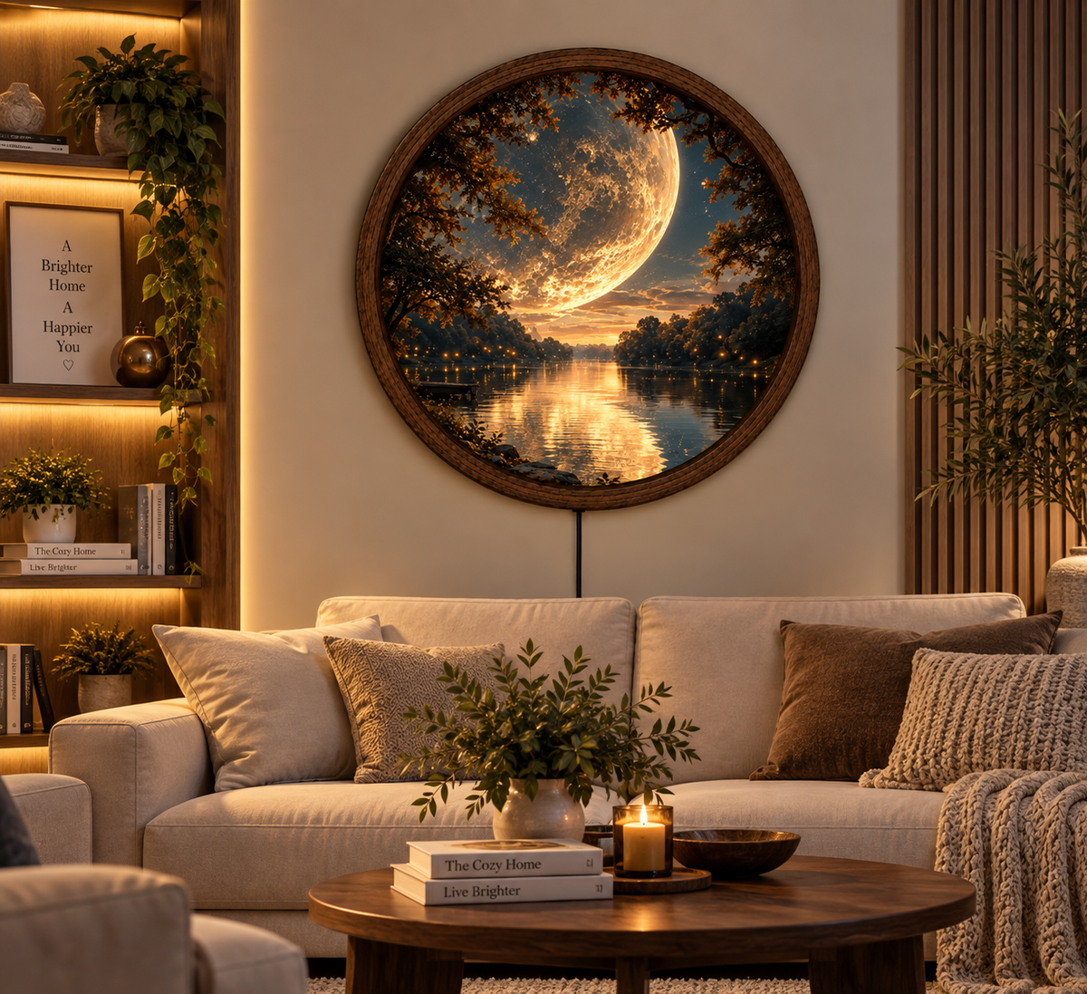 Full Moon Lake LED Wall Art, Golden Moonlight Forest Decor, Celestial Nature Lighted Wall Art, Mystical Lake Decor, Moon Lover Gift