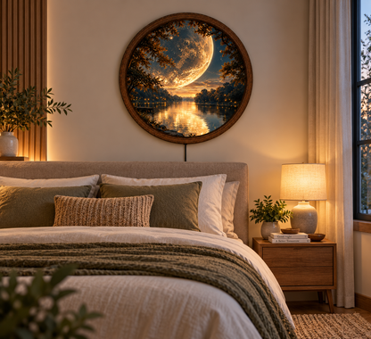 Full Moon Lake LED Wall Art, Golden Moonlight Forest Decor, Celestial Nature Lighted Wall Art, Mystical Lake Decor, Moon Lover Gift