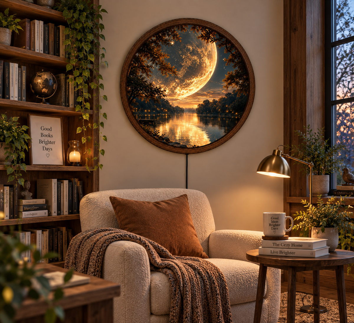 Full Moon Lake LED Wall Art, Golden Moonlight Forest Decor, Celestial Nature Lighted Wall Art, Mystical Lake Decor, Moon Lover Gift