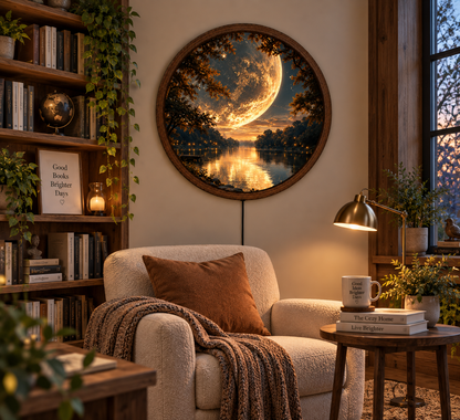 Full Moon Lake LED Wall Art, Golden Moonlight Forest Decor, Celestial Nature Lighted Wall Art, Mystical Lake Decor, Moon Lover Gift
