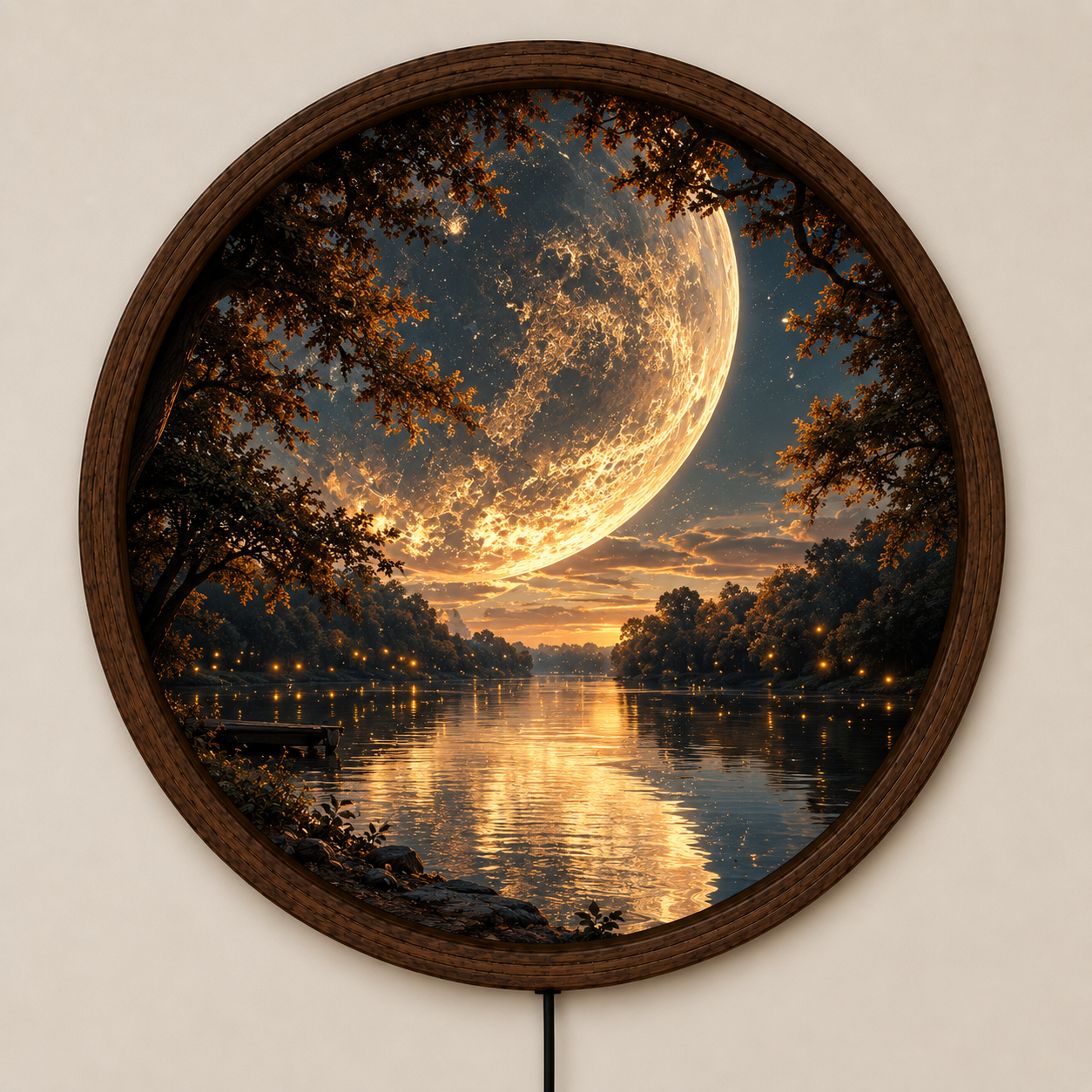 Full Moon Lake LED Wall Art, Golden Moonlight Forest Decor, Celestial Nature Lighted Wall Art, Mystical Lake Decor, Moon Lover Gift