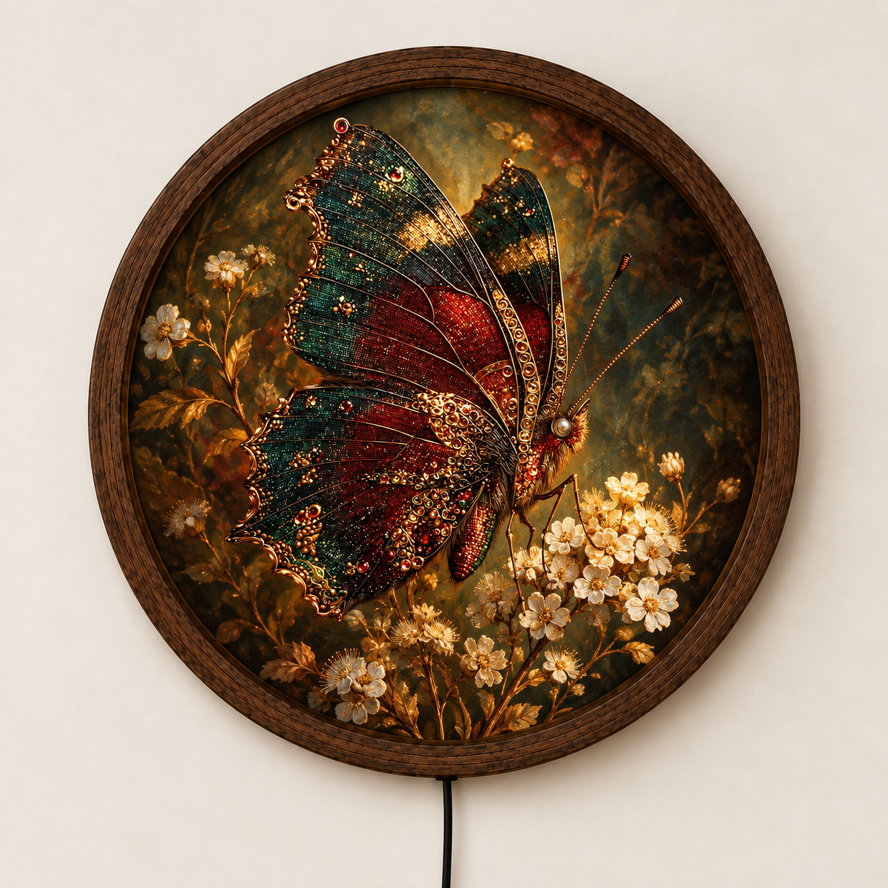 Butterfly LED Wall Art, Floral Butterfly Lighted Decor, Vintage Botanical Wall Art, Round Nature Decor, Butterfly Lover Gift