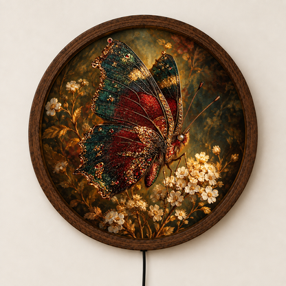 Butterfly LED Wall Art, Floral Butterfly Lighted Decor, Vintage Botanical Wall Art, Round Nature Decor, Butterfly Lover Gift