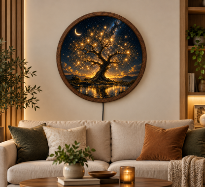 Tree of Life LED Wall Art, Celestial Moon Starry Night Decor, Glowing Tree Round Lighted Wall Art, Mystical Nature Home Decor
