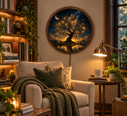 Tree of Life LED Wall Art, Celestial Moon Starry Night Decor, Glowing Tree Round Lighted Wall Art, Mystical Nature Home Decor