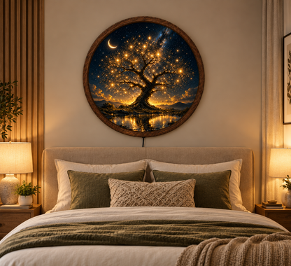 Tree of Life LED Wall Art, Celestial Moon Starry Night Decor, Glowing Tree Round Lighted Wall Art, Mystical Nature Home Decor