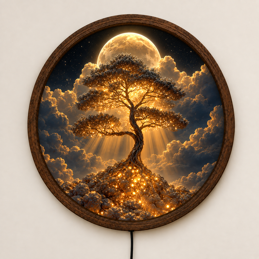 Tree of Life LED Wall Art, Full Moon Celestial Decor, Golden Glowing Tree Lighted Wall Art, Mystical Round Nature Home Decor