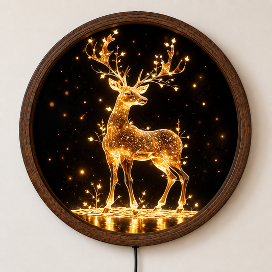Golden Deer LED Wall Art, Glowing Stag Lighted Wall Decor, Woodland Animal Art, Rustic Nature Decor, Deer Lover Gift