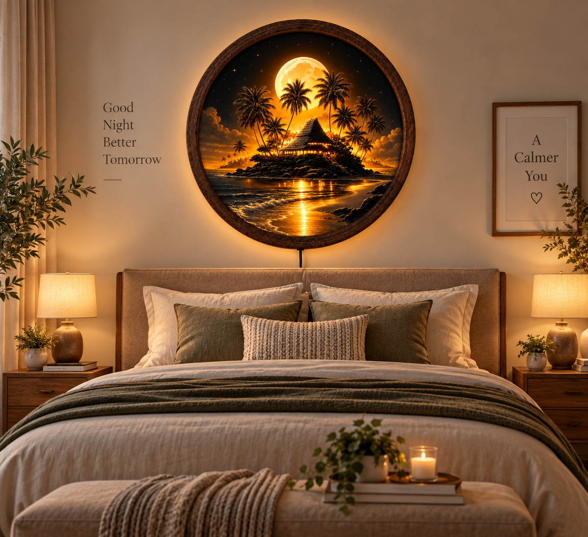Tropical Beach LED Wall Art, Full Moon Island Decor, Palm Tree Lighted Wall Art, Coastal Ocean Night Decor, Beach House Gift