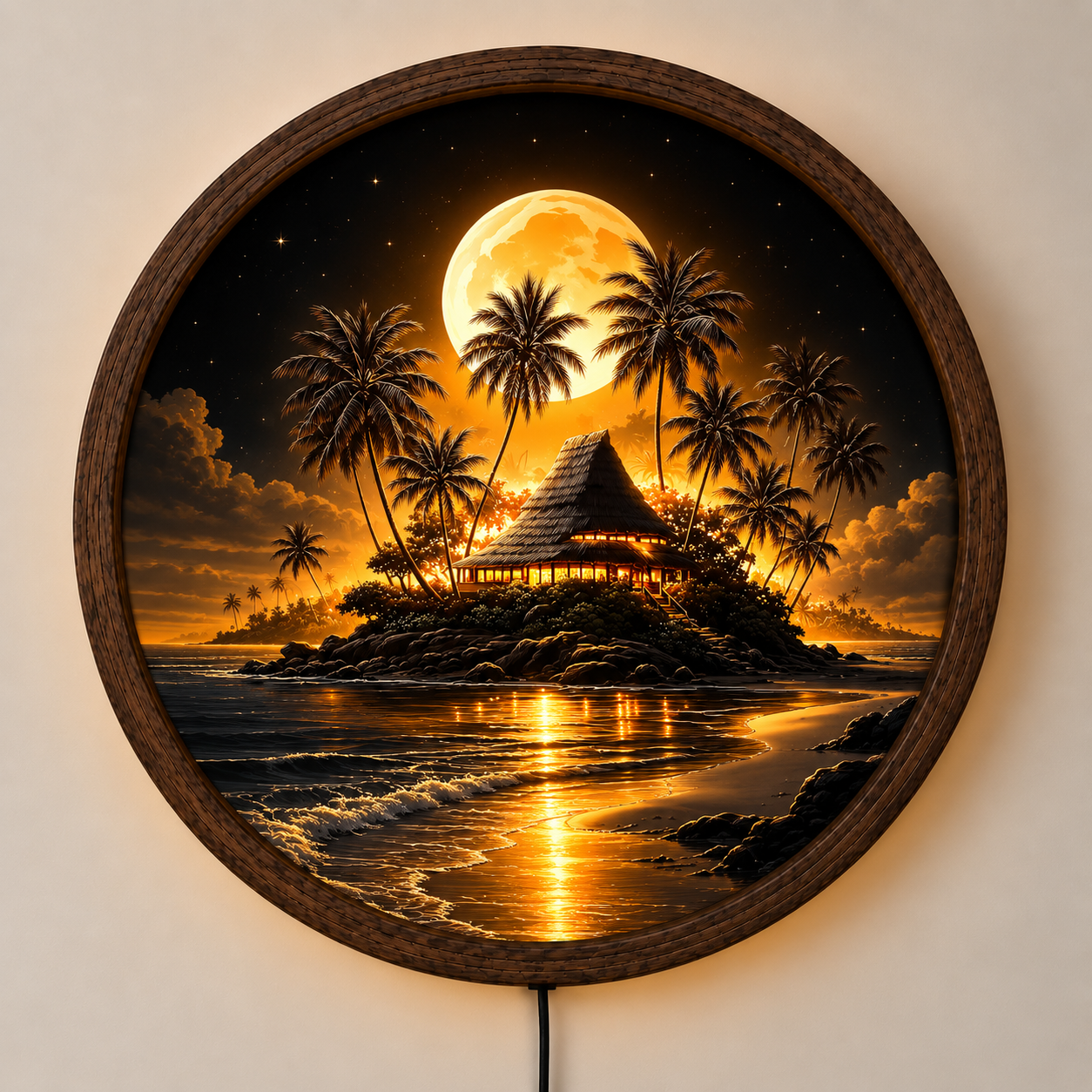 Tropical Beach LED Wall Art, Full Moon Island Decor, Palm Tree Lighted Wall Art, Coastal Ocean Night Decor, Beach House Gift