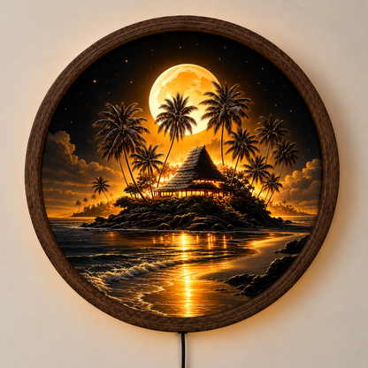 Tropical Beach LED Wall Art, Full Moon Island Decor, Palm Tree Lighted Wall Art, Coastal Ocean Night Decor, Beach House Gift