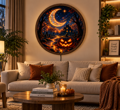 Halloween LED Wall Art, Jack O Lantern Pumpkin, Crescent Moon Spooky Decor, Haunted House Lighted Wall Art, Halloween Gift