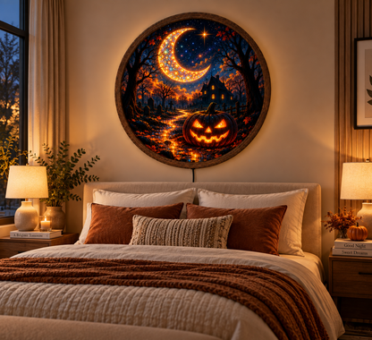 Halloween LED Wall Art, Jack O Lantern Pumpkin, Crescent Moon Spooky Decor, Haunted House Lighted Wall Art, Halloween Gift
